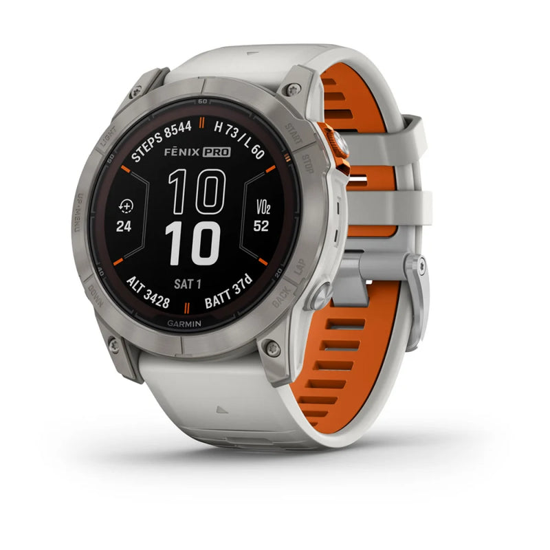 Garmin Fēnix® 7X Pro – Sapphire Solar Edition 51mm-Titanium with Fog Gray/Ember Orange Band-Optics Force