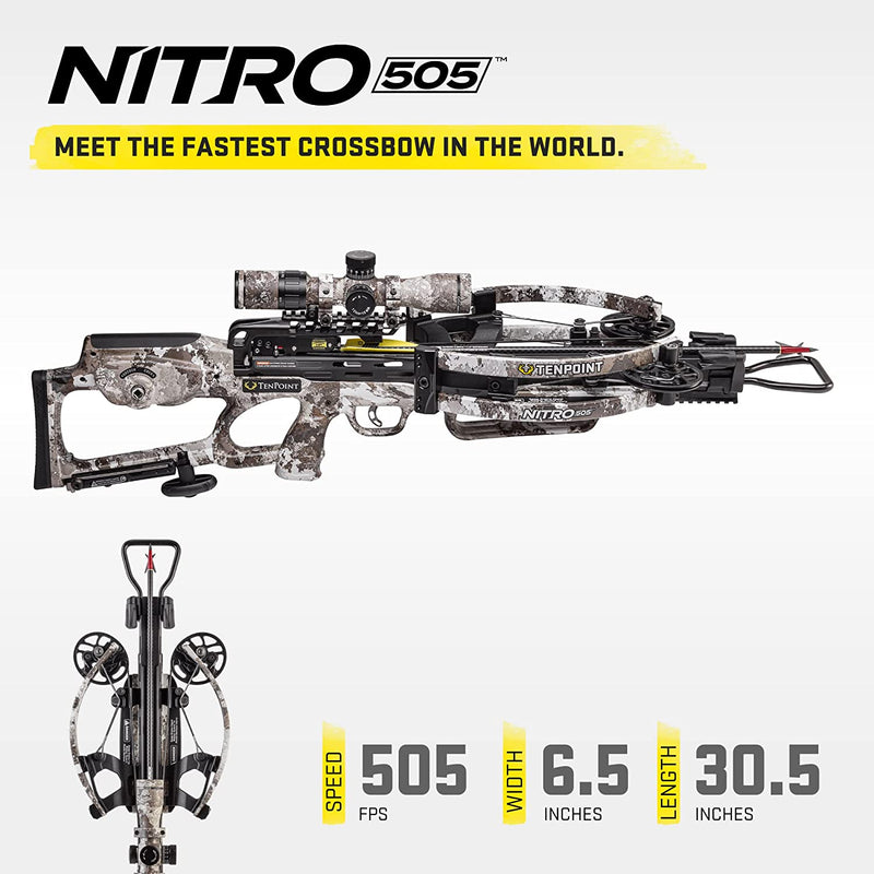 TenPoint Nitro 505 Crossbow, Veil Alpine - 505 FPS - Equipped with 100-Yard EVO-X Marksman Elite Scope + ACUslide Cocking & De-Cocking System - Reverse-Draw Design-Optics Force